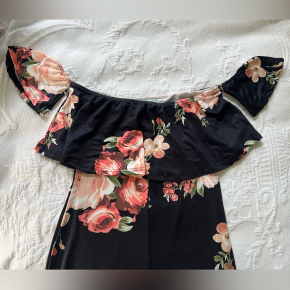 Vintage Off-the-Shoulder Sleeve Dress Black/Rose Floral Women’s Size Small - Picture 8 of 14
